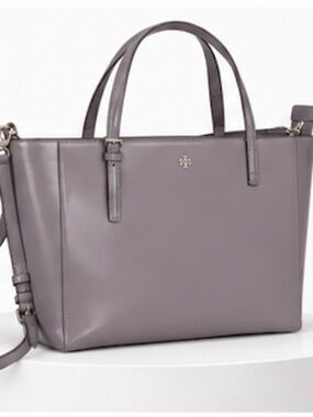 Tory Burch Gray Taupe Leather Tote Shoulder Bag Crossbody